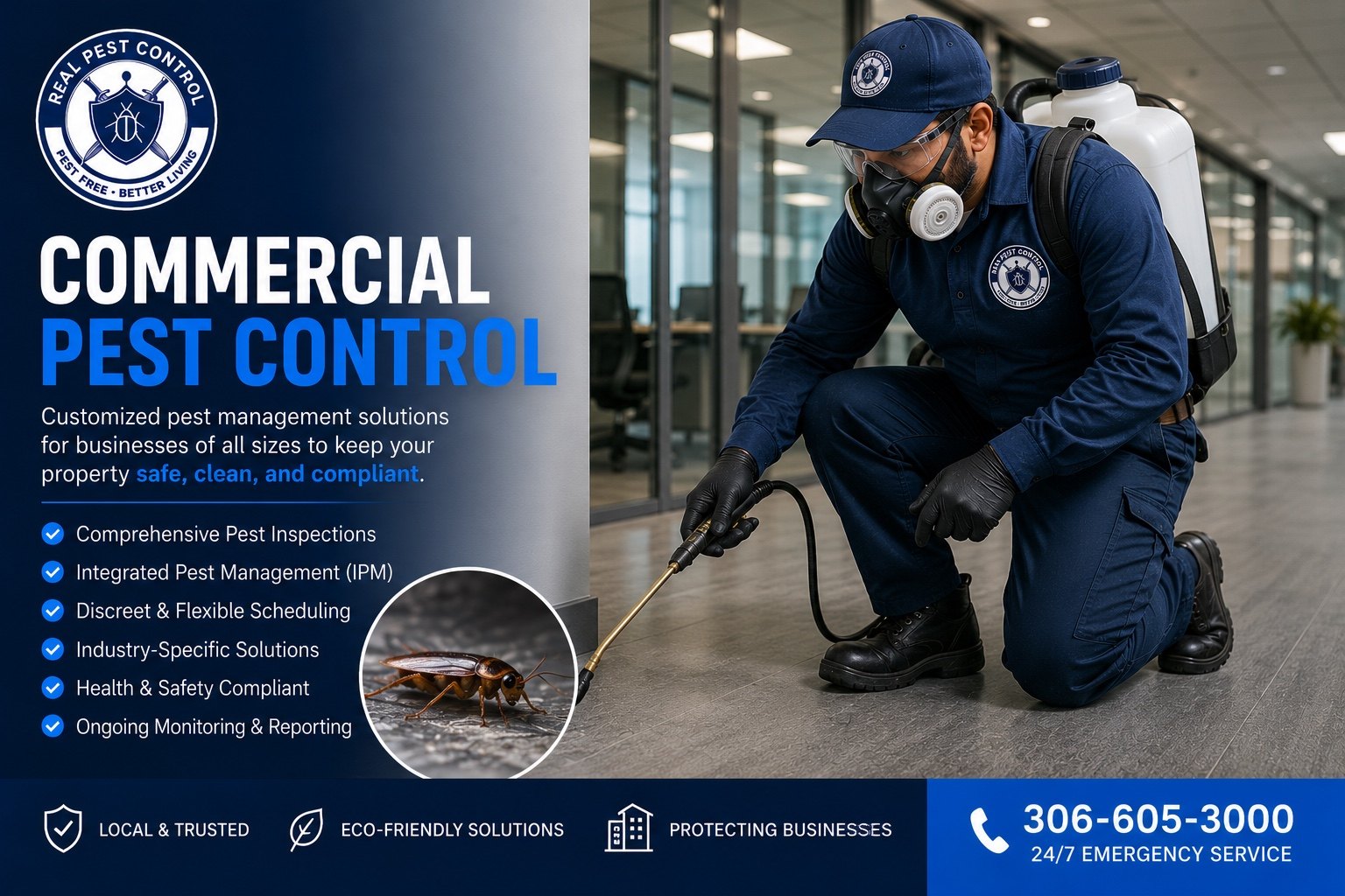 Technician providing commercial pest control service inside office environment in Saskatchewan